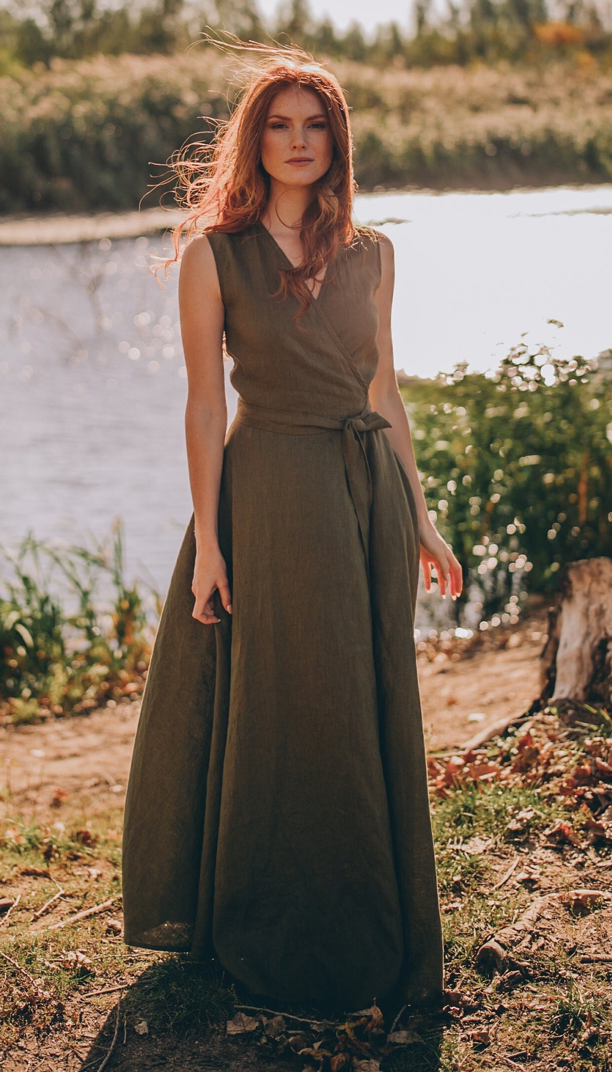 linen wrap dress maxi Linen Wrap Maxi Dress, V-Neck, Sleeveless, Tie Waist, Pockets, Summer Clothing
