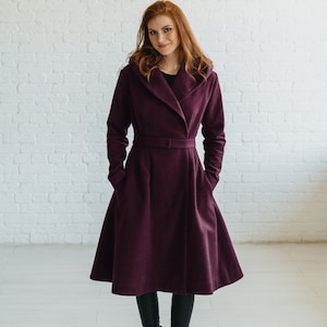 Hooded Wool Coat, Winter Coat for Women, Classic Winter Coat, Knee Length Overcoat, Vintage Style Winter Cape Coat, Burgundy Wool Jacket