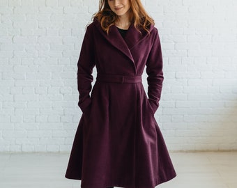 Hooded Wool Coat, Winter Coat for Women, Classic Winter Coat, Knee Length Overcoat, Vintage Style Winter Cape Coat, Burgundy Wool Jacket