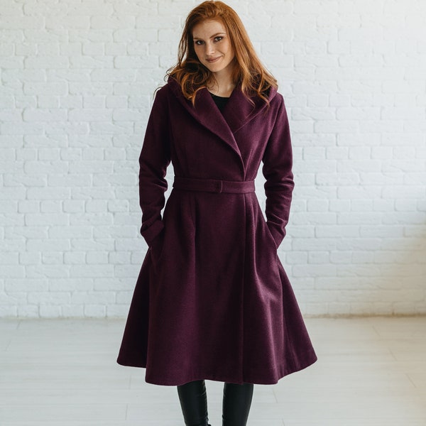 Manteau de laine à capuchon, manteau d’hiver pour femmes, manteau d’hiver classique, pardessus longueur genou, manteau de cape d’hiver de style vintage, veste en laine bordeaux