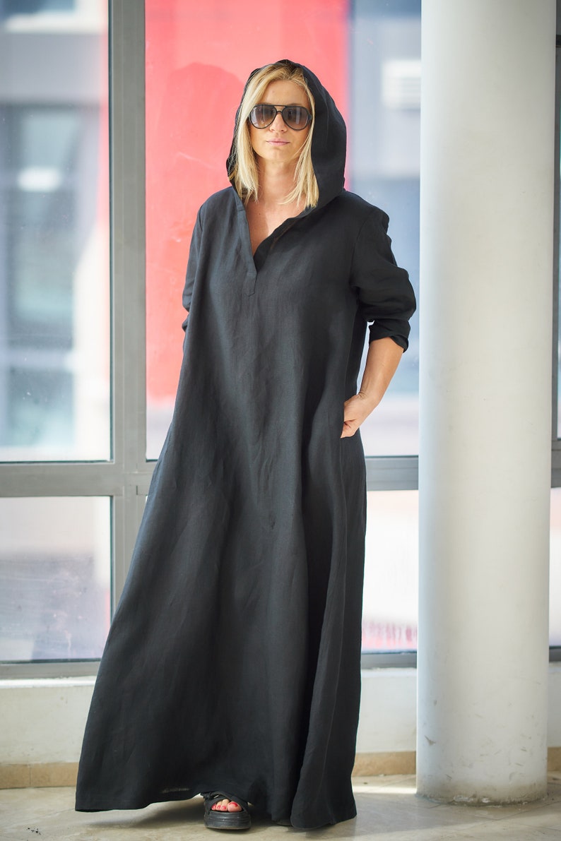 Black Linen Maxi Dress, Plus Size Linen Dress,Linen Clothing, Linen Abaya, Plus Size Linen Caftan Dress, Black Maxi Dress,Loose Hoodie Dress 