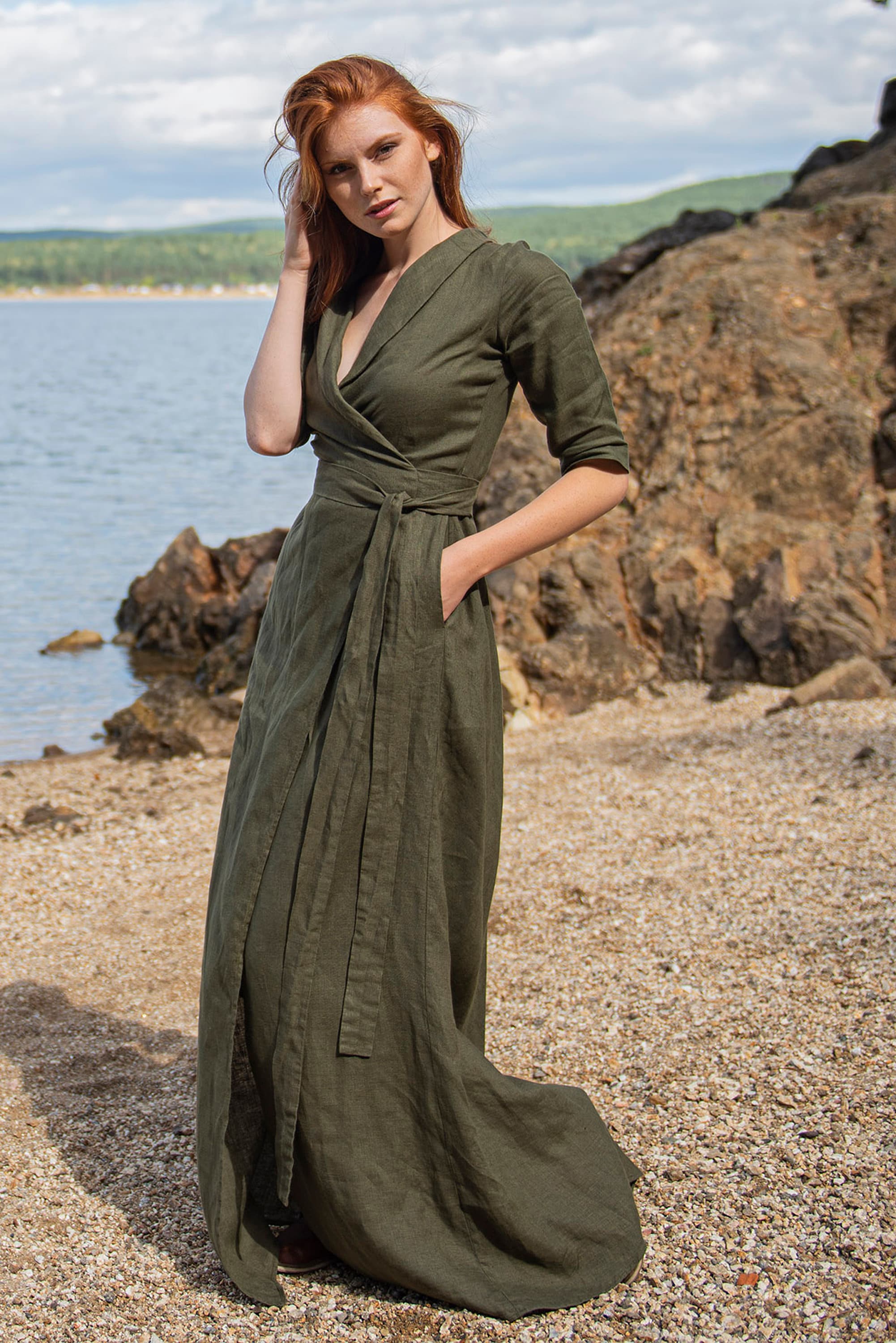 Long Linen Summer Dress for Women - Long Sleeve Linen Maxi Dress - Linen Wedding Guest Dress - Linen Wrap Dress - Linen Kaftan, XS / Natural
