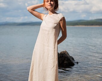 Vestido de lino con bolsillos, vestido de lino, vestido midi de lino, ropa de lino para mujer, caftán de lino, vestido de lino de tallas grandes, vestido de lino de verano