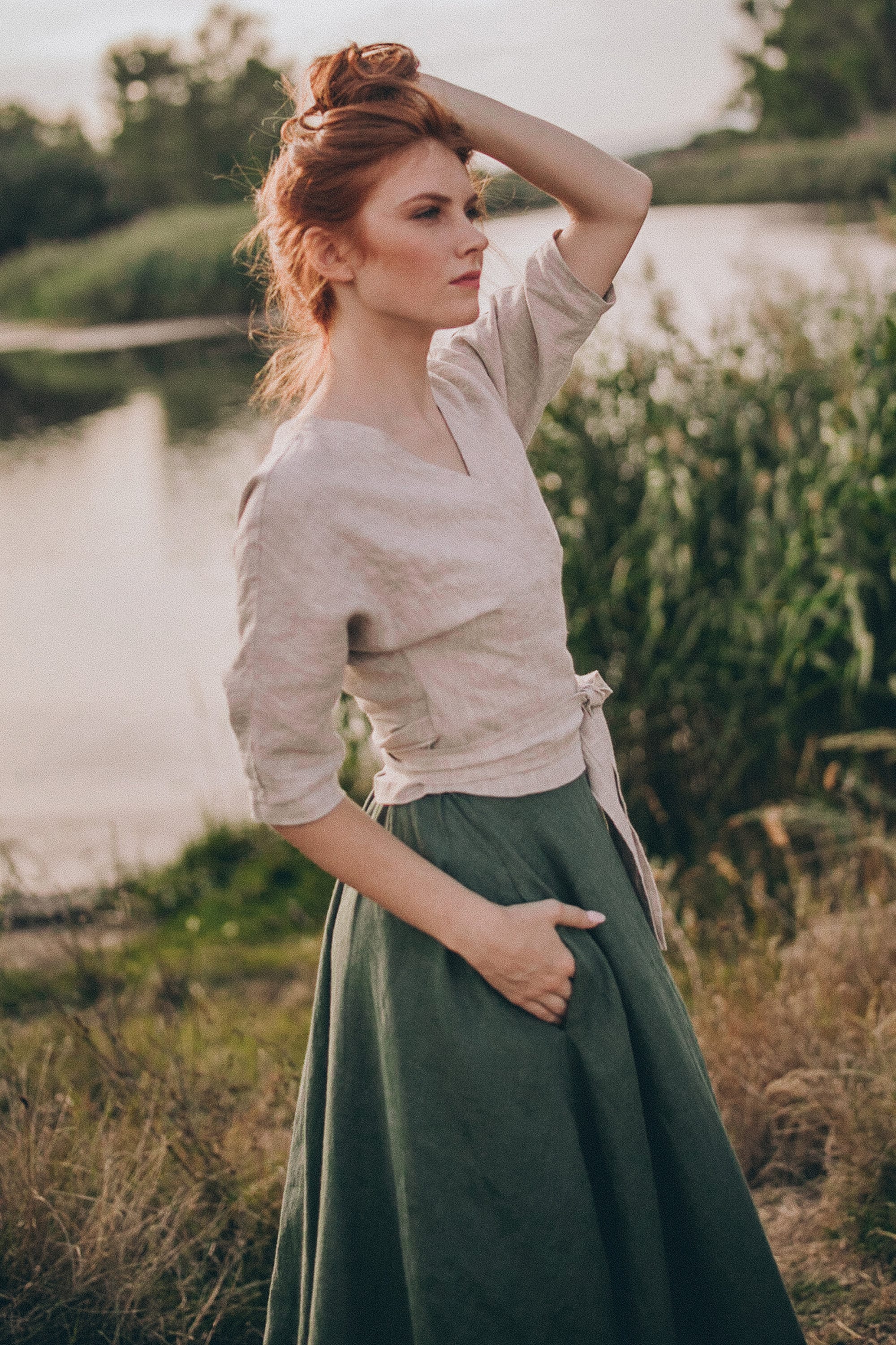 Reversible Linen Wrap Top, Tie Waist Cropped Blouse, Linen