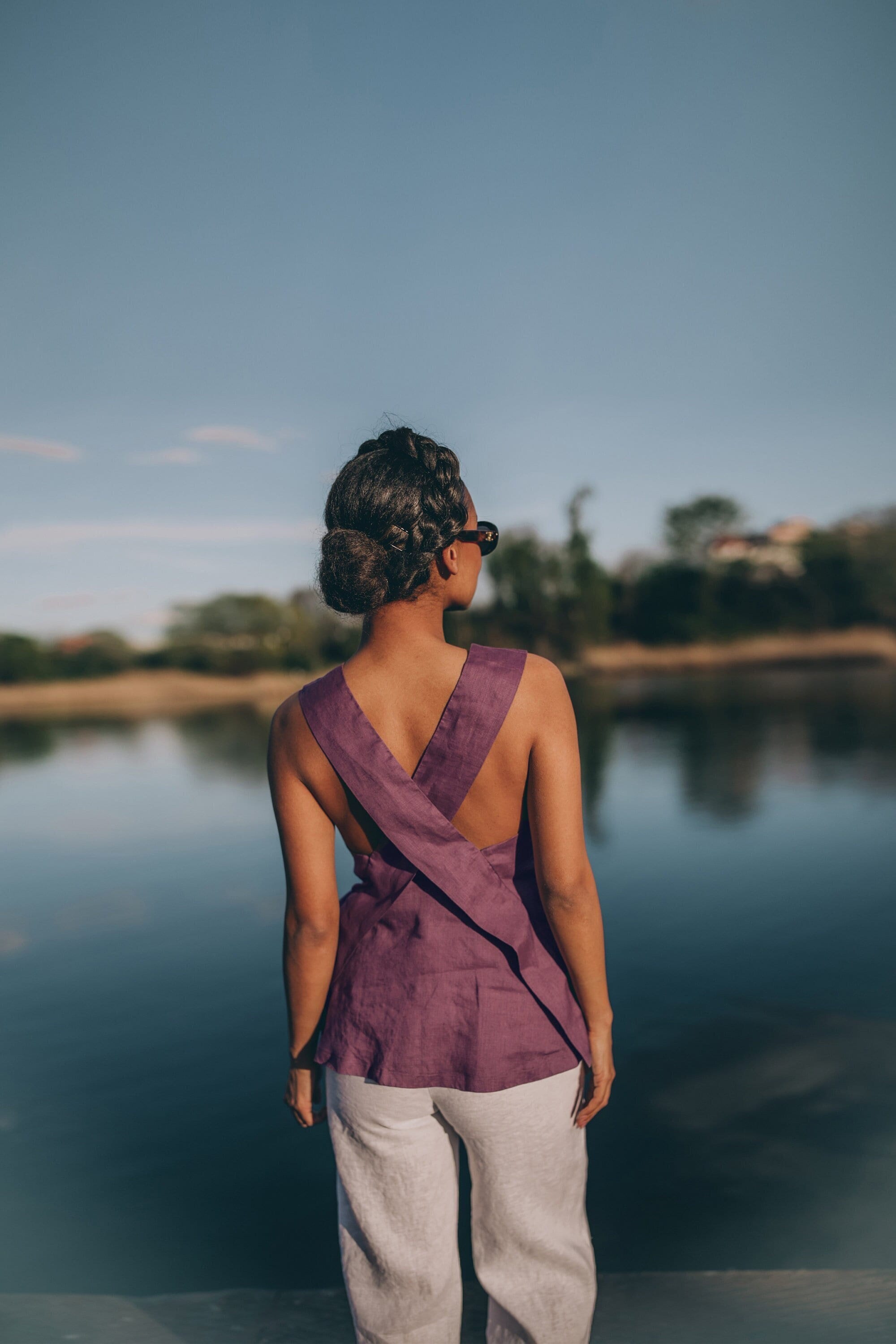 Summer Linen Top in Amethyst Purple, Feminine Linen Top with Cross back, Open Back Top for Women, Plus Size Linen Clothing, Boho Linen Top