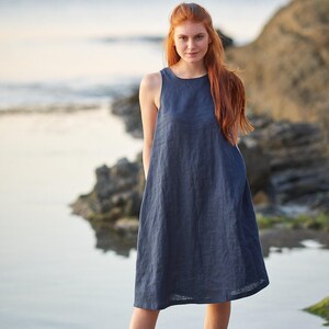 Abito corto in lino da donna, lunghezza al ginocchio, abbigliamento estivo, vestito corto immagine 5