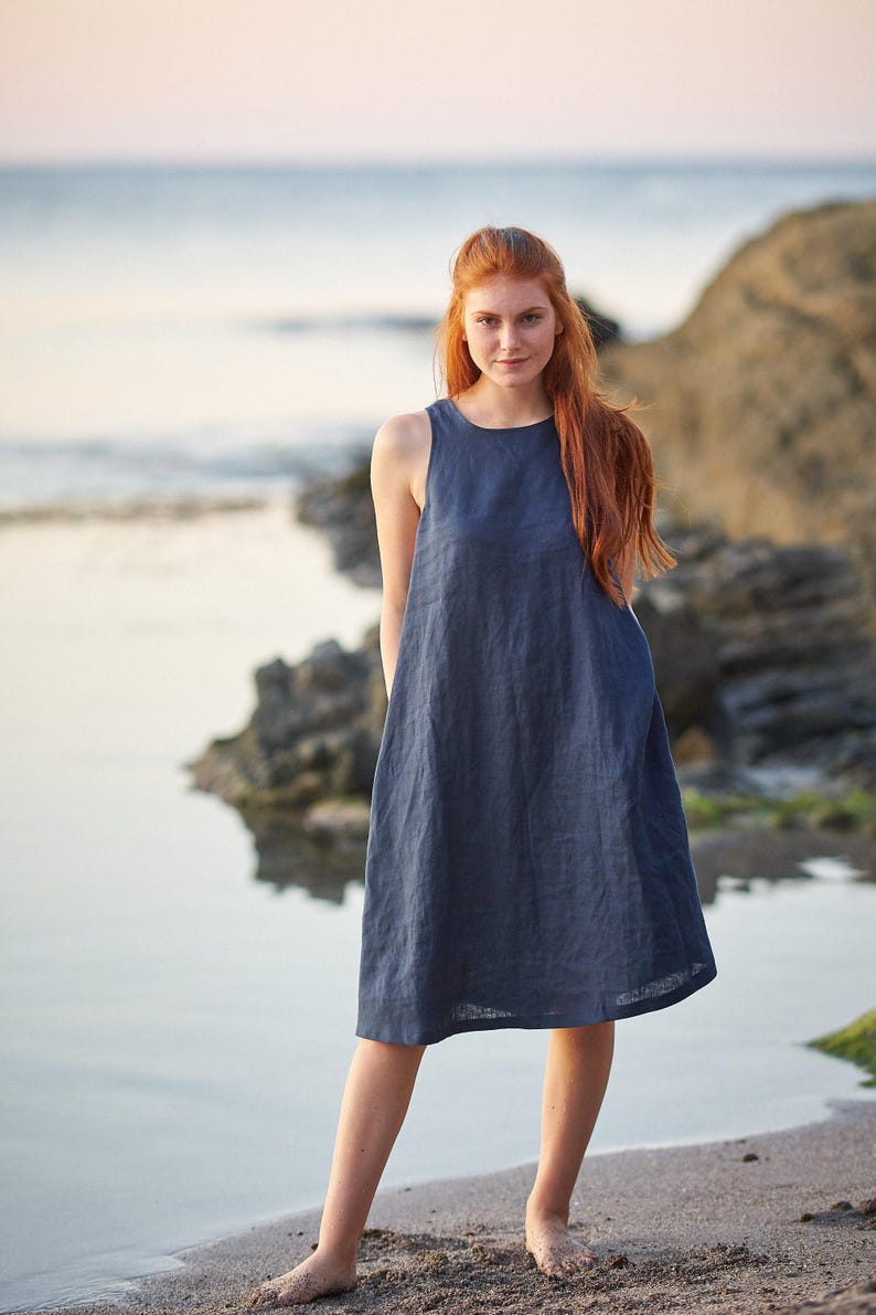 Abito corto in lino da donna, lunghezza al ginocchio, abbigliamento estivo, vestito corto immagine 5