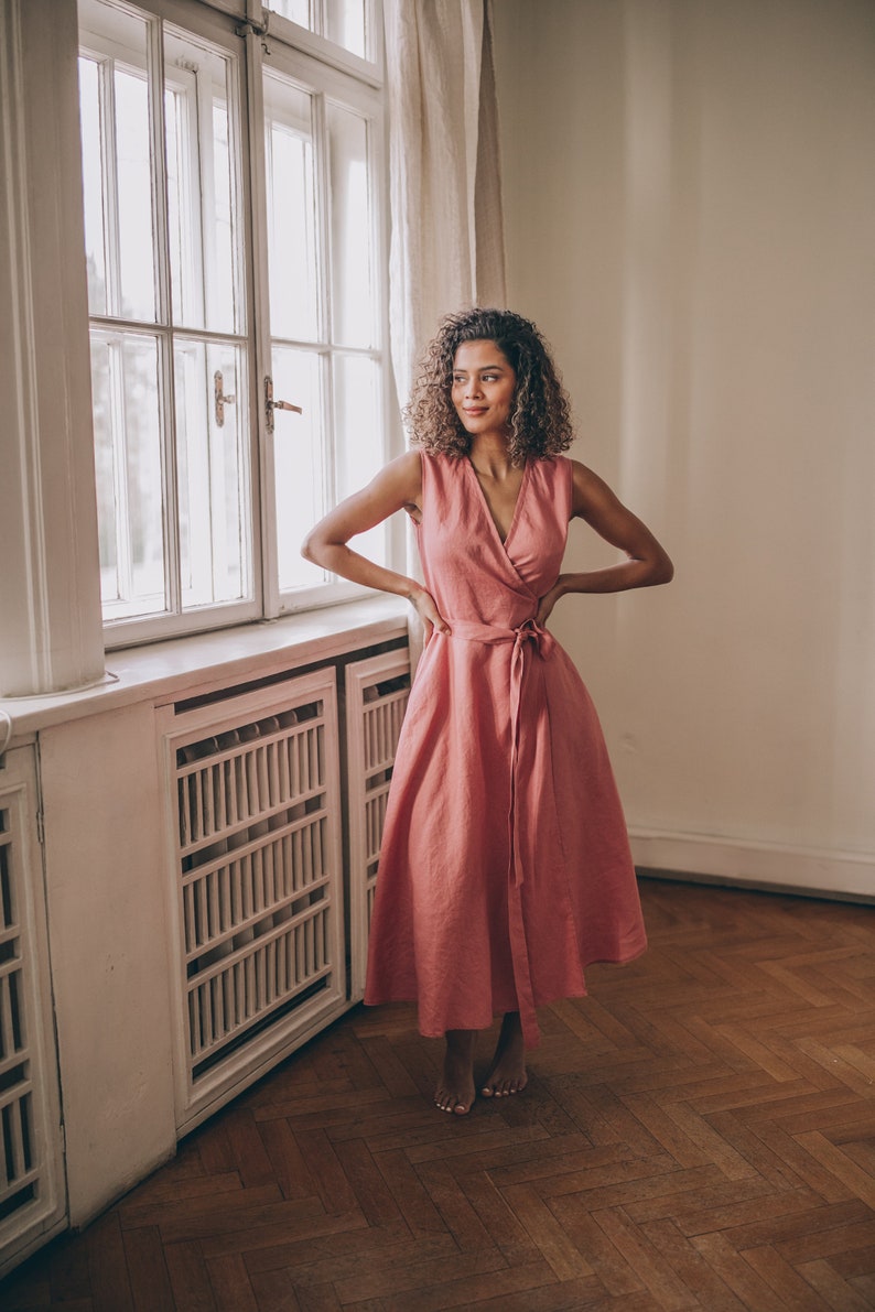 Summer Linen Dress, Linen Midi Dress, Linen Wrap Dress, Vintage Pink Linen Dress, Linen Dress Women, Sleeveless Linen Dress, Linen Clothing image 3