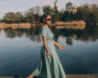Midi Length Linen Wrap Dress with Short Sleeves - Summer Linen Wrap Dress - Wrap Midi Dress for Women - Plus Size Boho Linen Clothing, M / Blue Green