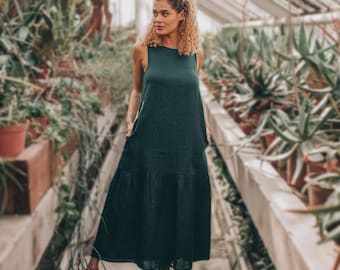 Vestido midi de lino verde oscuro, vestido de verano sin mangas con volantes y bolsillos.