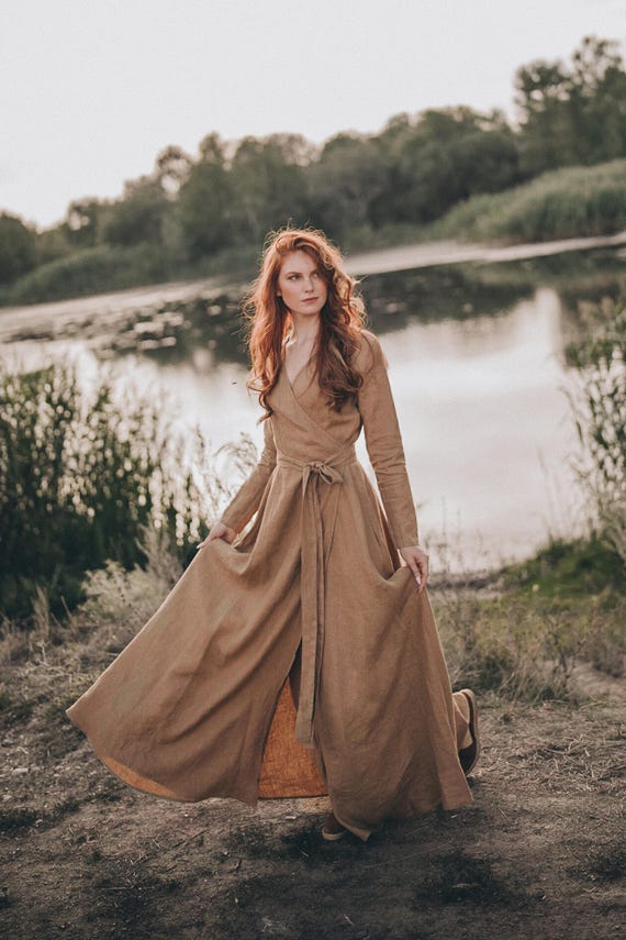 Long Sleeve Wrap Dress, Heavyweight Linen Maxi Dress, Fall Linen Clothing for Women