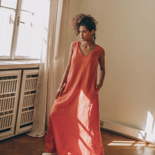 Abito lungo senza maniche in lino, prendisole estivo in stile boho, abbigliamento minimalista