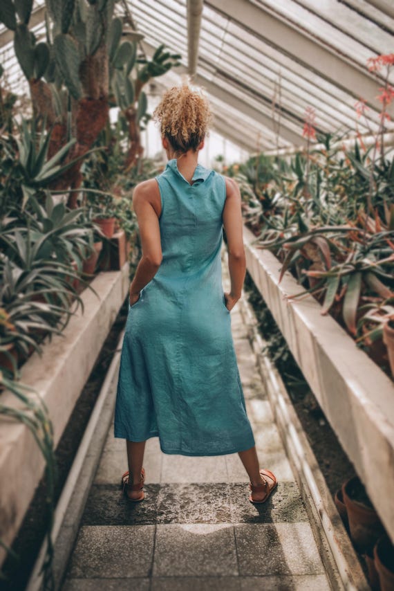 Linen Midi Dress: Sleeveless High Neck, Pockets, Blue Green Dress - Etsy  New Zealand
