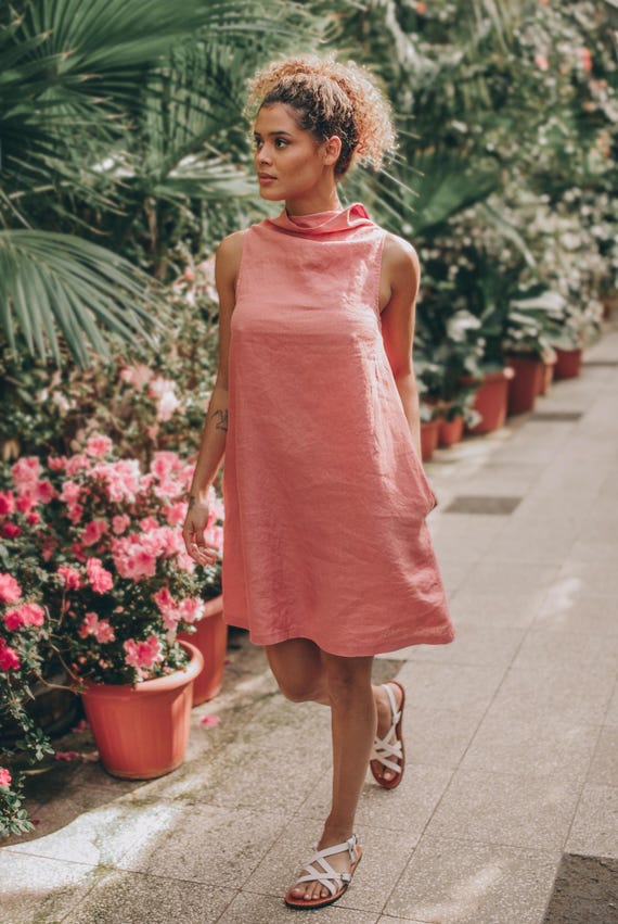 Sleeveless Linen Mini Dress: Vintage Pink Tunic with Pockets, Summer Dress for Women Sleeveless Linen Mini Dress: Vintage Pink Tunic with Pockets, Summer Dress for Women