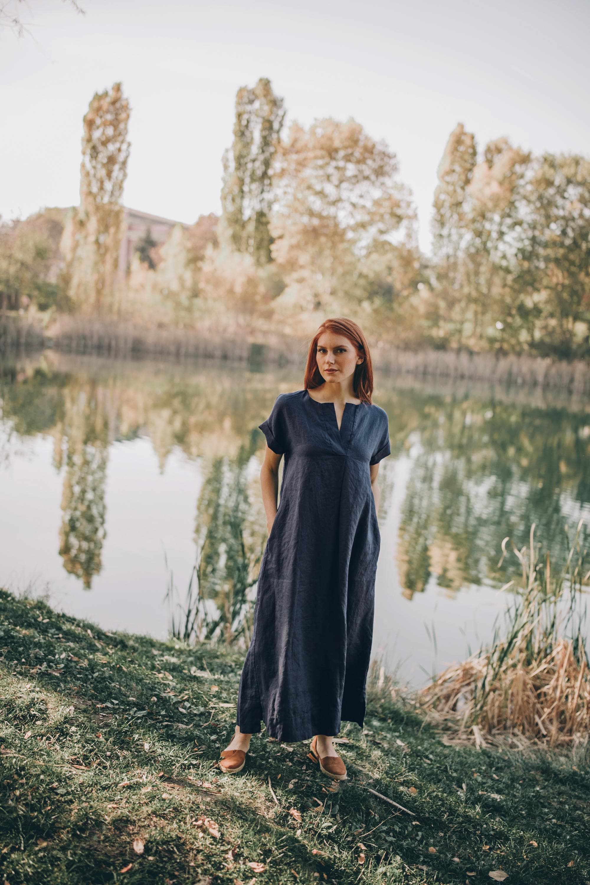 Linen Midi Dress: Night Blue Summer Dress With Pockets - Etsy