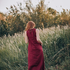 Burgundy Linen Dress, Sleeveless Maxi Dress, Minimalist Linen Dress, Linen Dress with Pockets,Linen Maxi Dress for Women, Simple Linen Dress image 3