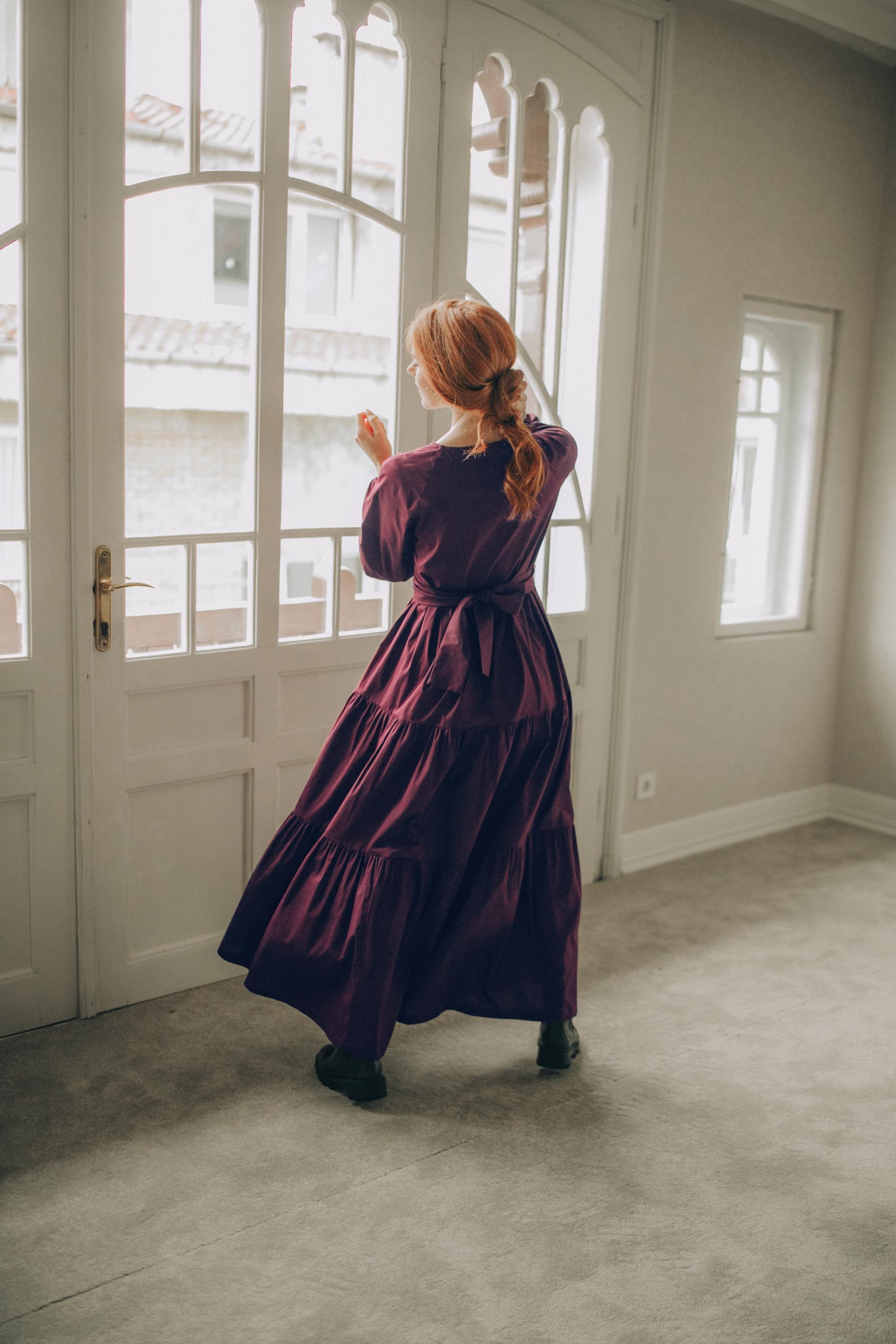 Burgundy Tiered Cotton Maxi Dress, Tie Waist Boho Gown for Women, Wedding Guest Outfit, Fall Dress, Spring Clothing, S / Burgundy