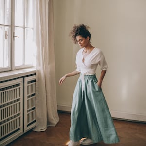 Stoffige turquoise linnen rok met zakken, zomerrok voor dames, elastische taille eenvoudige rok, hoge taille rok, linnen kleding, flare rok afbeelding 4