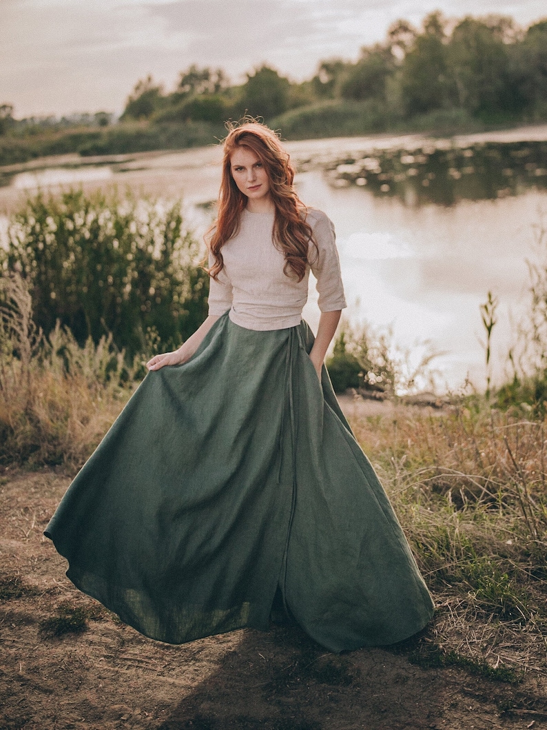 Effortless long skirt that is made of 100% pure linen and has a tie wrap closure. This rich maxi skirt looks feminine while being super comfy and breezy. Made from natural washed and soft heavyweight linen that has a thick texture