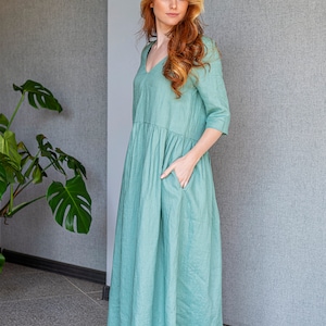 READY TO SHIP Classic Linen Dress with Pockets, Linen Summer Dress in Dusty Turquoise, Linen Maxi Dress Women, Plus Size Boho Linen Dress