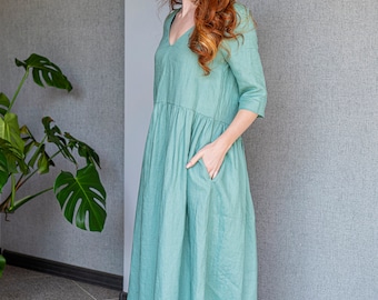 Klassisches Leinenkleid mit Taschen, Leinen Sommerkleid in Dusty Türkis, Leinen Maxi Kleid Damen, Plus Size Boho Leinenkleid, Romantisches Kleid