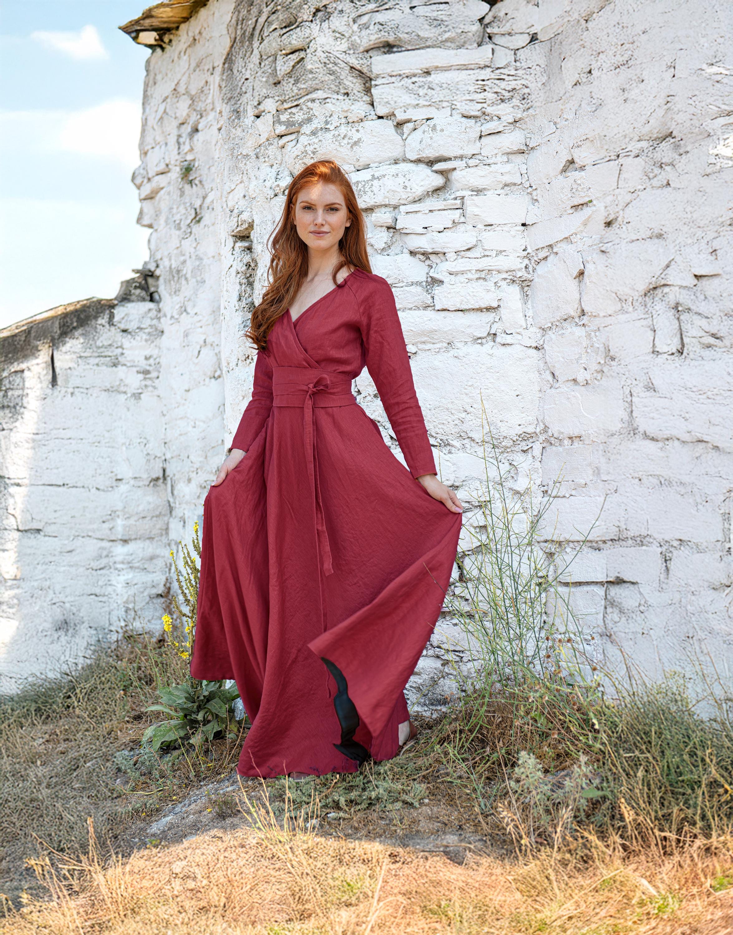 Linen Maxi Dress With Obi Belt, Elegant Long Flowy, Faux Wrap