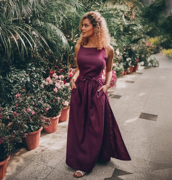 Purple Linen Maxi Dress: Double Wrap, Pockets, Elegant Clothing