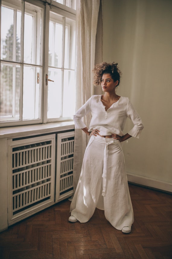 White Linen Pants With Slits, Hakama Pants, Linen Summer White Linen Pants With Slits, Hakama Pants, Linen Summer