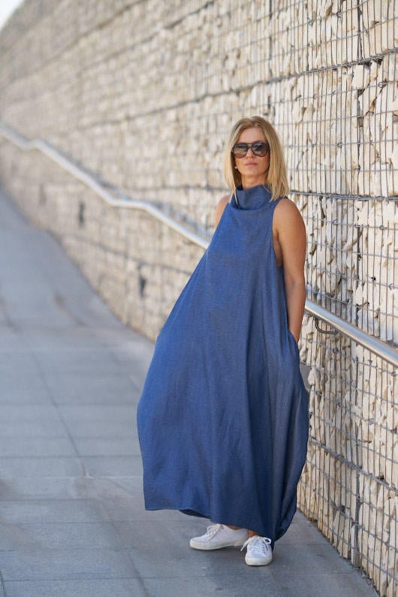 Summer Maxi Dress, Plus Size Women Dress, Kaftan Dress, Blue Maxi Dress, Long Oversize Dress, Cotton Bubble Dress, Plus Size Clothing Women image 1