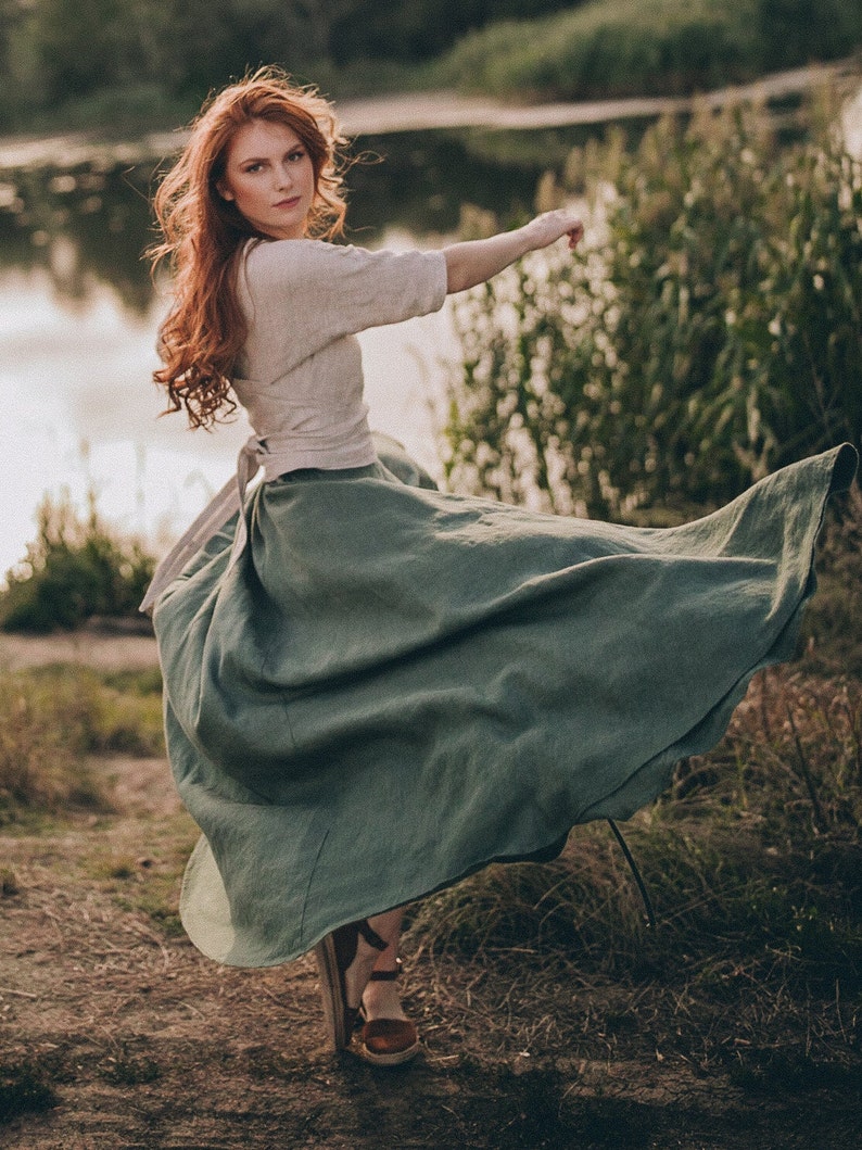 Maxi Linen Skirt with Tie Belt, Heavy Weight Linen Skirt, A-Line High-Waisted Boho Skirt, Flowy Linen Skirt, Plus Size Long Linen Skirt image 7