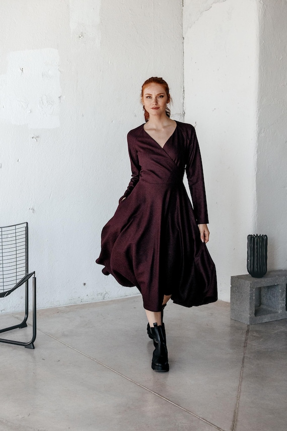 Wool Midi Dress with Pockets: Elegant Winter Flare Dress, Bohemian Clothing Wool Midi Dress with Pockets: Elegant Winter Flare Dress, Bohemian Clothing