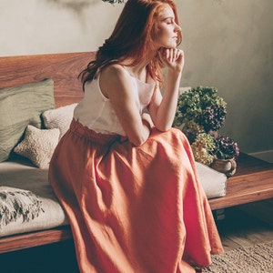 A-Line Linen Maxi Skirt with Elastic Waist and Pockets, Orange Summer Skirt for Women, High Waist Skirt, Long Linen Skirt,Flare Circle Skirt image 8