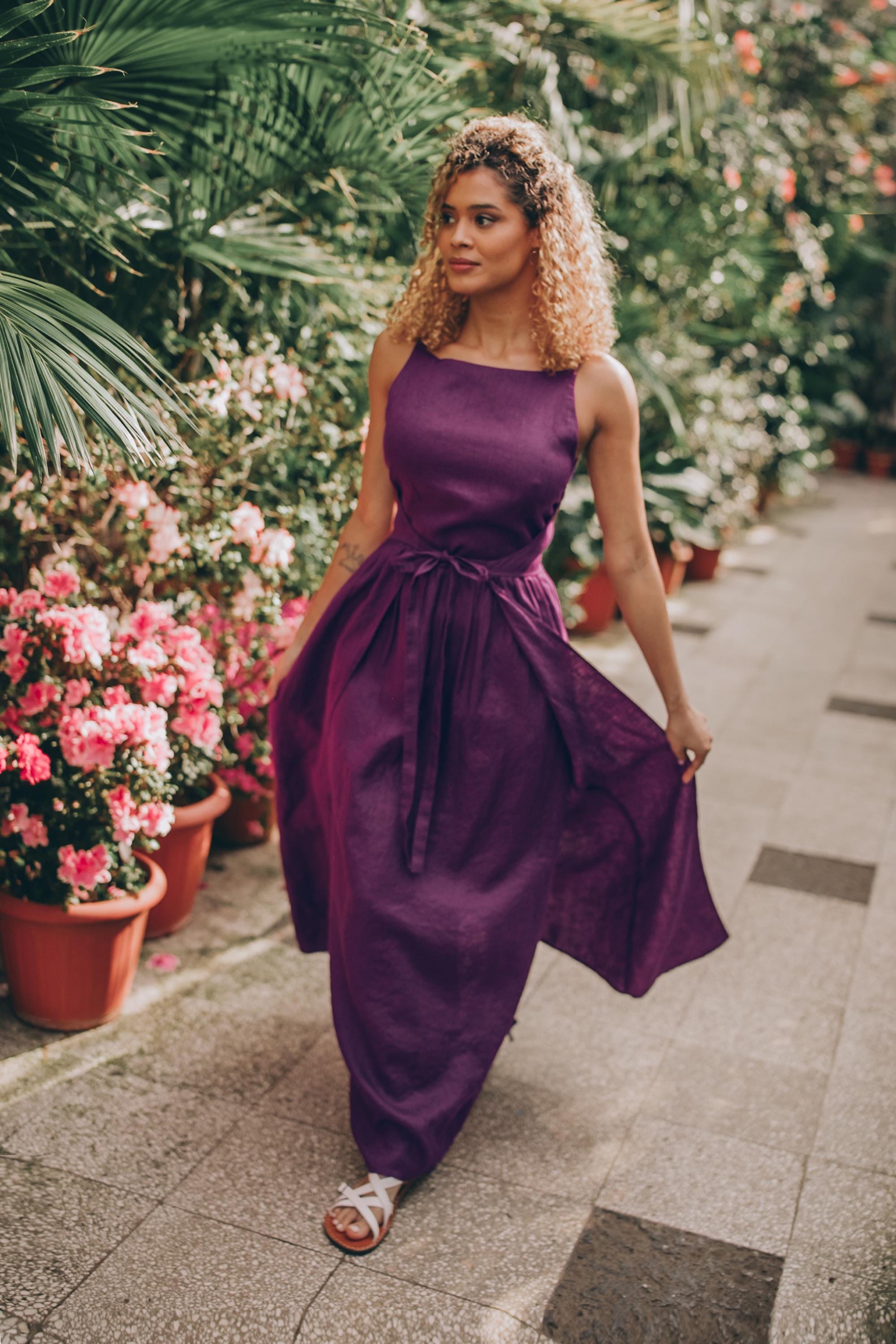 purple boho maxi dress Handmade Linen Dress, Double Wrap Style, Pockets, Linen Clothing and perfect for hippie Ivory floral mini dress Rareism Women's Rubinot Dusky Color:Dusty Green