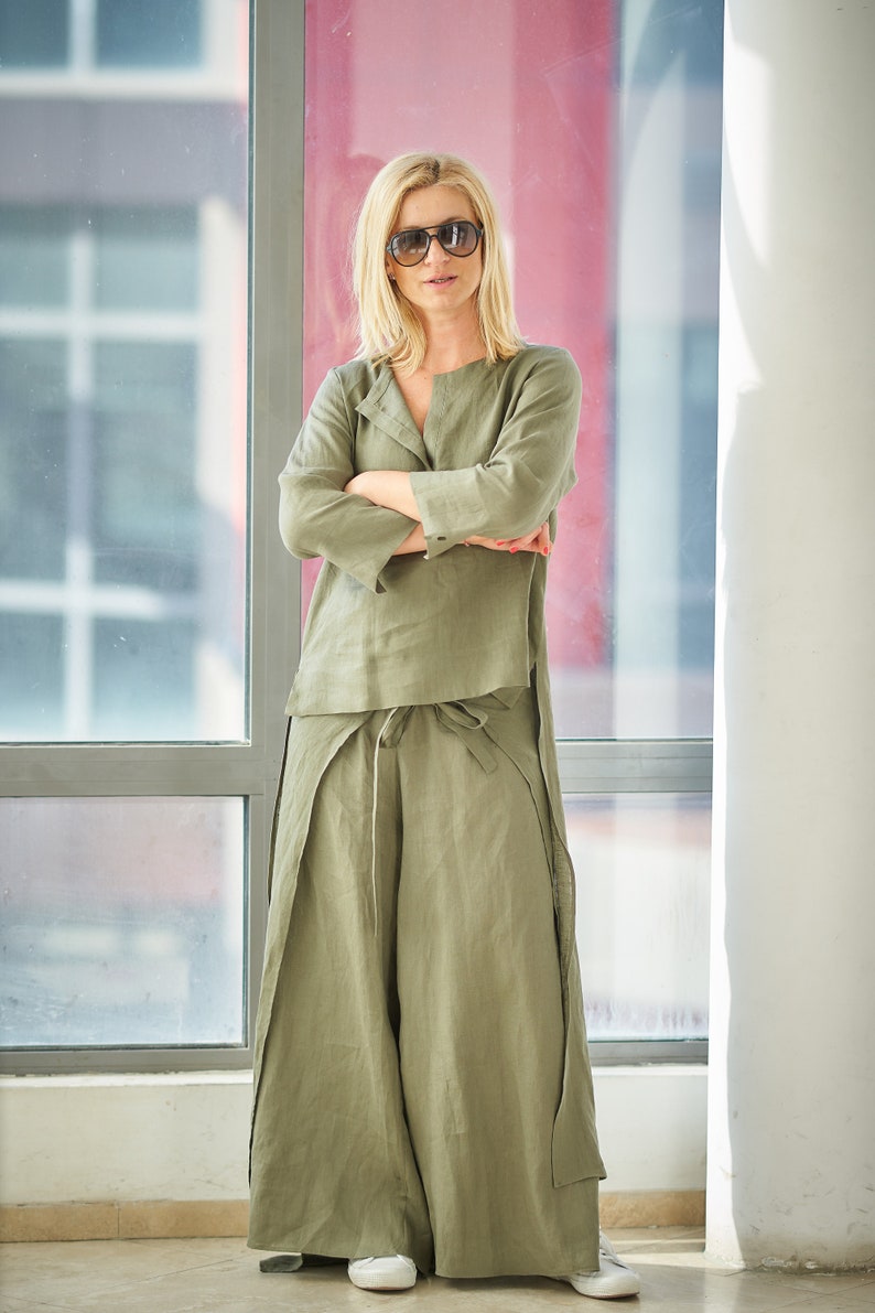 Linen Two Piece Set - Side Slit Tunic and Tailored Wide Leg Trousers main image 1