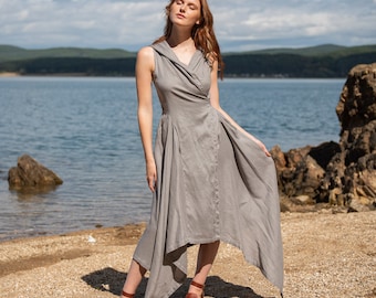 Leinenkleid mit Kapuze, Sommerkleid aus Leinen, Leinenkleidung für Frauen, Kapuzenkleid aus Leinen, asymmetrisches Kleid in Übergröße, Avantgarde-Kleid für Frauen