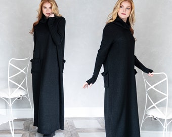 Robe pull longue en tricot noire, robe longue d'hiver, robe d'hiver gothique, vêtements grande taille, robe à col roulé, robe longue ample, caftan d'hiver