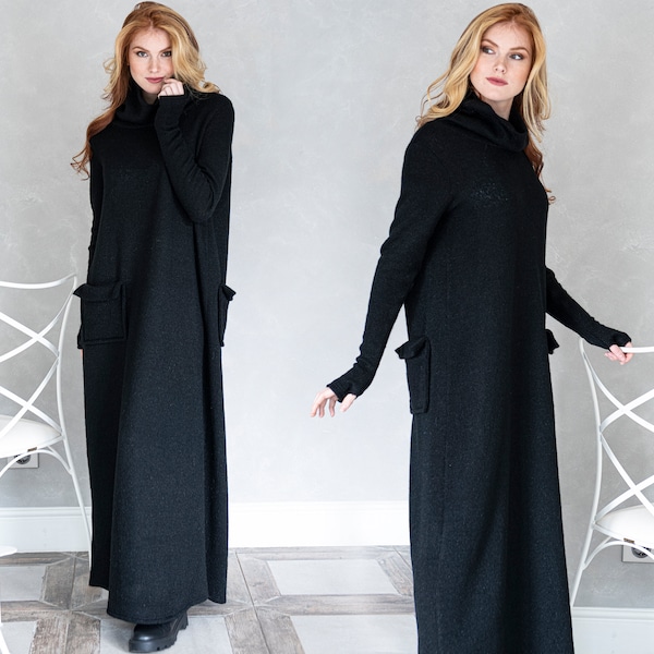 Black Knit Maxi Sweater Dress, Winter Maxi Dress, Gothic Winter Dress, Plus Size Clothing, Turtleneck Dress, Loose Maxi Dress, Winter Kaftan