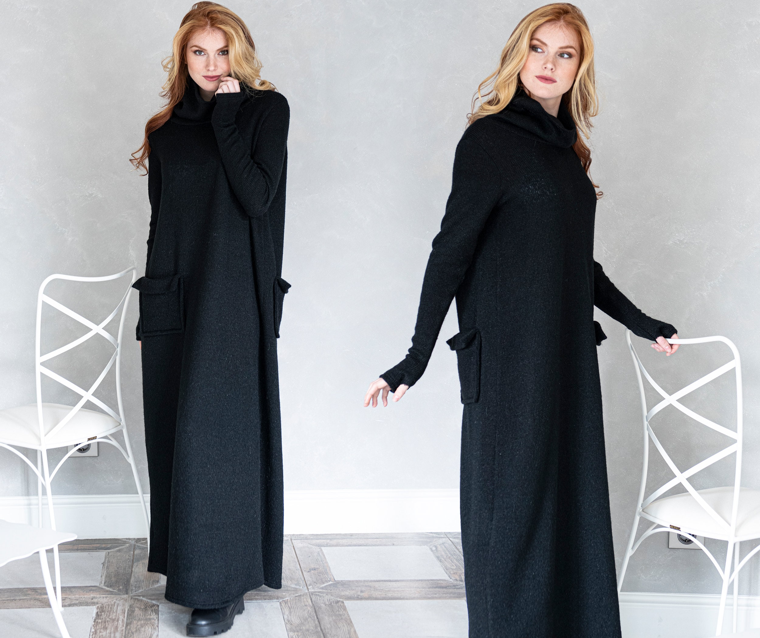 Black Knit Maxi Sweater Dress, Winter Maxi Dress, Gothic Black Knit Maxi Sweater Dress, Winter Maxi Dress, Gothic