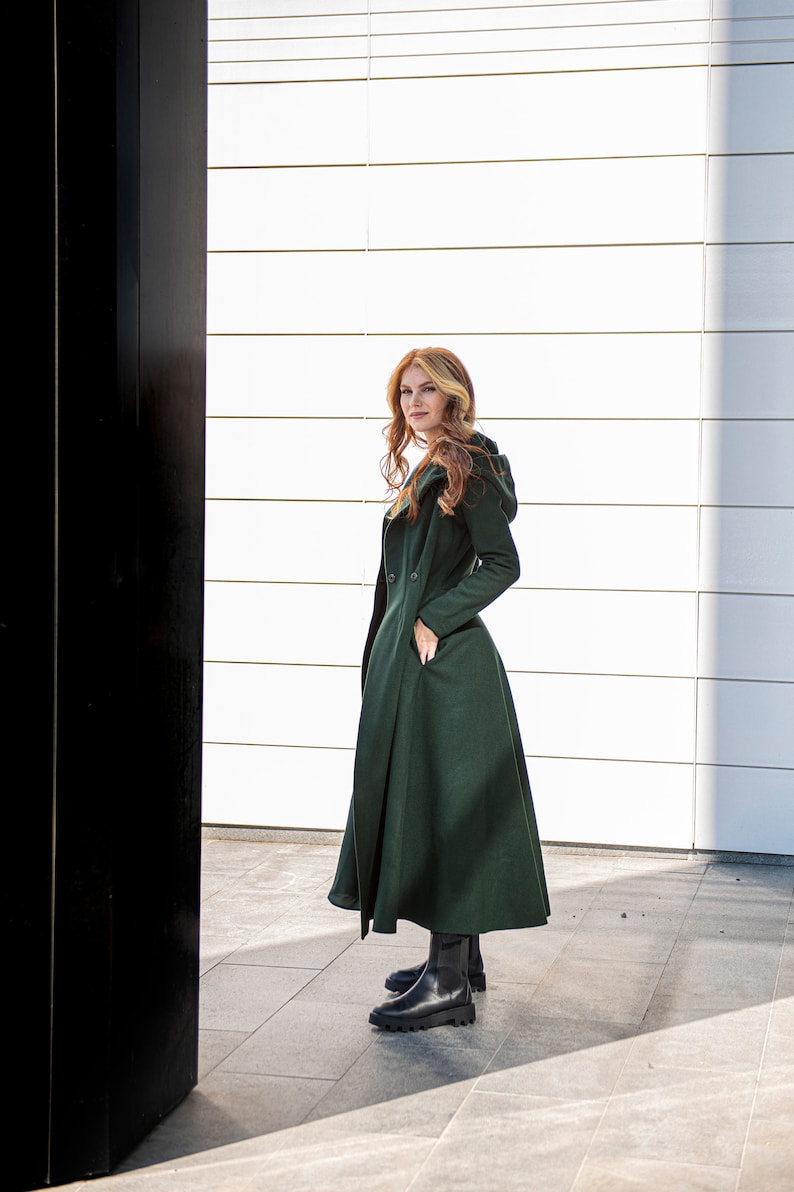 Hooded Wool Coat, Winter Coat, Princess Coat, Plus Size Winter Clothing, Long Coat, Dark Green Maxi Coat, Belt Coat, Elegant Coat for Women image 5