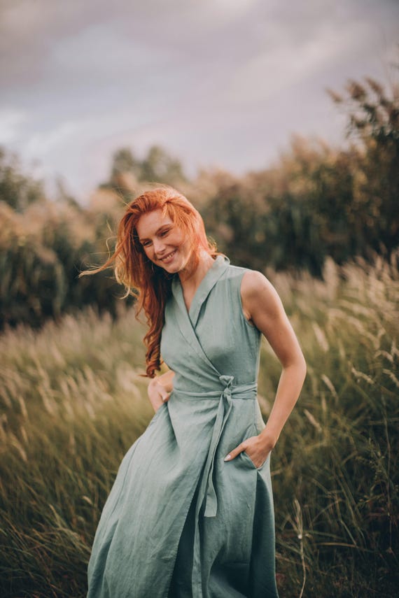 midi summer wrap dresses for women Orange Linen Wrap Dress Handmade V-Neck Summer Midi Dress Teal / XL