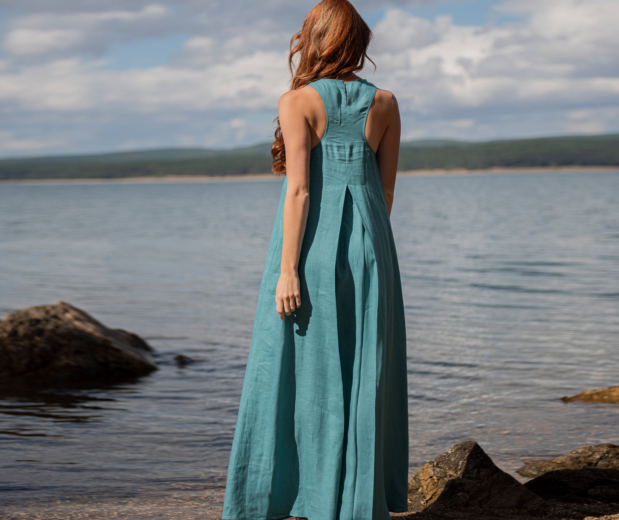 Linen Dress for Women, Summer Linen Dress, Linen Clothing, Blue Green Linen Dress, Plus Size Maxi Dress, Casual Linen Dress, Linen Kaftan
