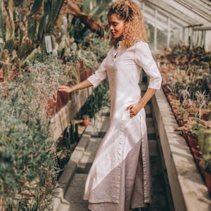 May include: A light pink linen dress with a high collar and side pockets. The dress has a long, flowing skirt with a high slit. The woman is in a greenhouse filled with cacti and other plants.