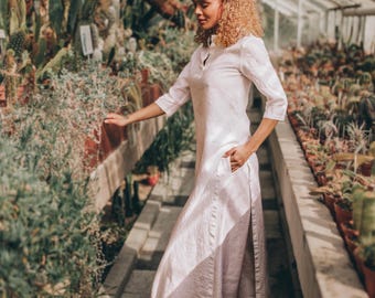Weißes Leinen Tunika Kleid: Sommer Maxi Shirt mit Schlitz