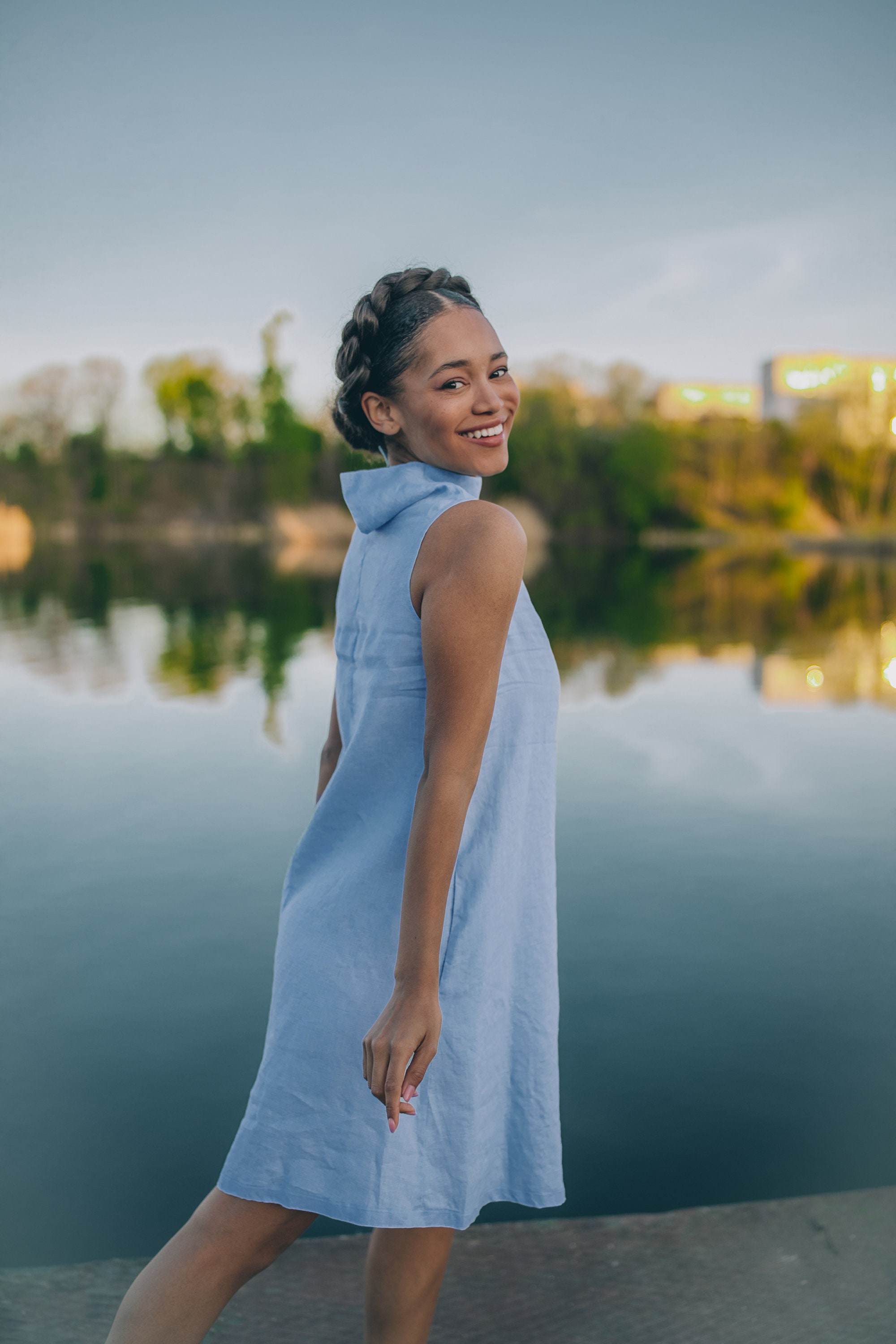 Short Linen Dress with Cowl Neck, M / Natural