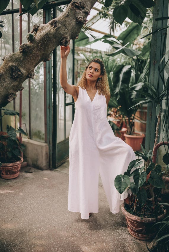 knee length dresses for ladies Women's As Simple As That Natural Linen Blend Sleeveless Jumpsuit | Size: L