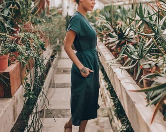 Linen Wrap Dress With Cap Sleeves: Dark Green Midi Summer Dress - Etsy Linen Wrap Dress With Cap Sleeves: Dark Green Midi Summer Dress - Etsy