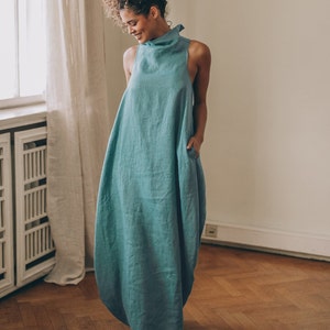 Blue Green Linen Dress, Linen Maxi Dress, Summer Maxi Dress, Bubble Linen Dress, Sleeveless Linen Dress Turtleneck, Plus Size Linen Clothing image 5