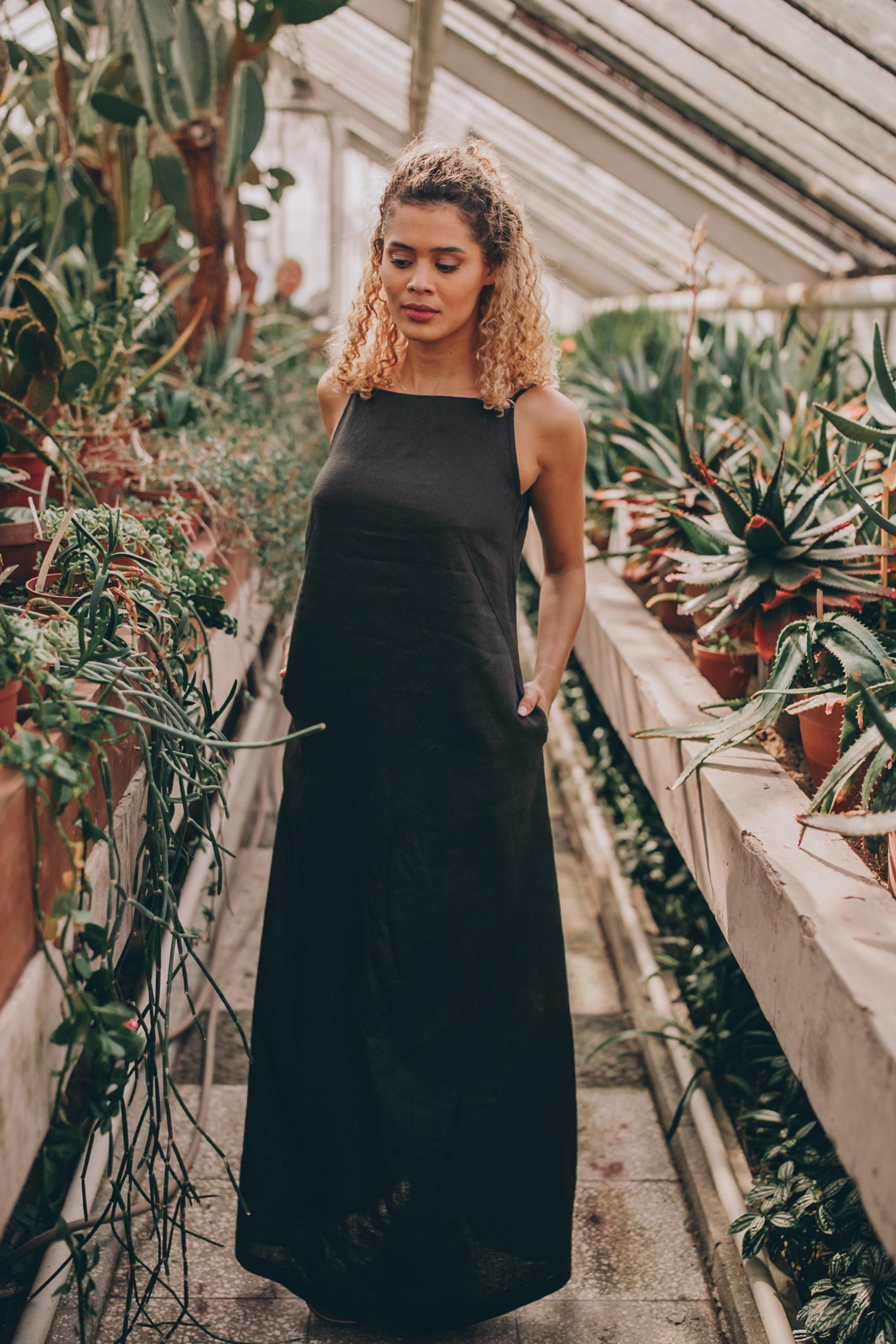 sleeveless black linen dress Sleeveless Black Linen Dress with Hand-Stitched Charm
