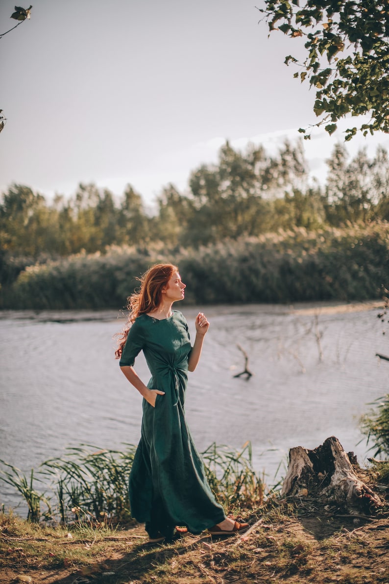 Deep Green Linen Dress, Linen Maxi Dress, Linen Dress Women, Summer Maxi Dress, Emerald Linen Dress, Elegant Linen Dess, Plus Size Clothes image 6