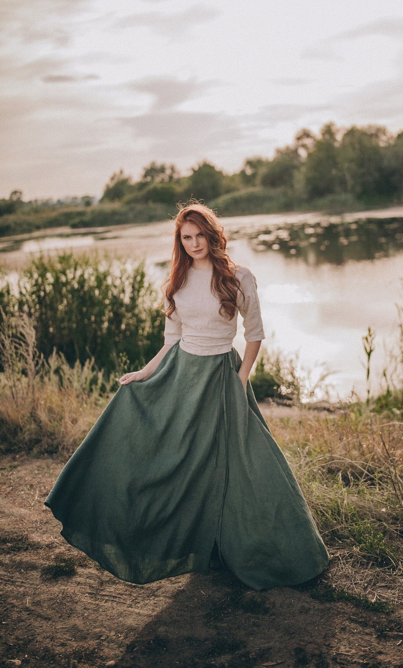 Maxi Linen Skirt with Tie Belt, Heavy Weight Linen Skirt, A-Line High-Waisted Boho Skirt, Flowy Linen Skirt, Plus Size Long Linen Skirt image 1